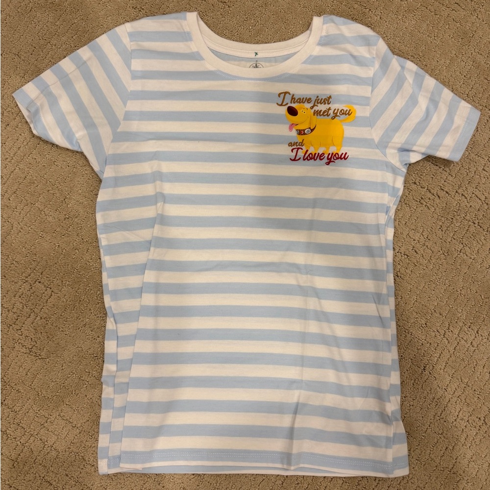 Disney Parks Blue and White Striped Tee with Dug From Pixar’s Up